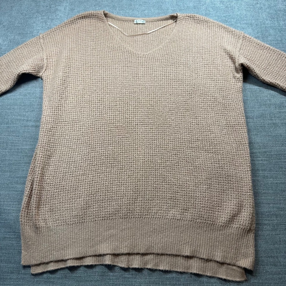 Free People Sweater Women XS/S Tan Waffle Knit V-Neck Oversized Pullover